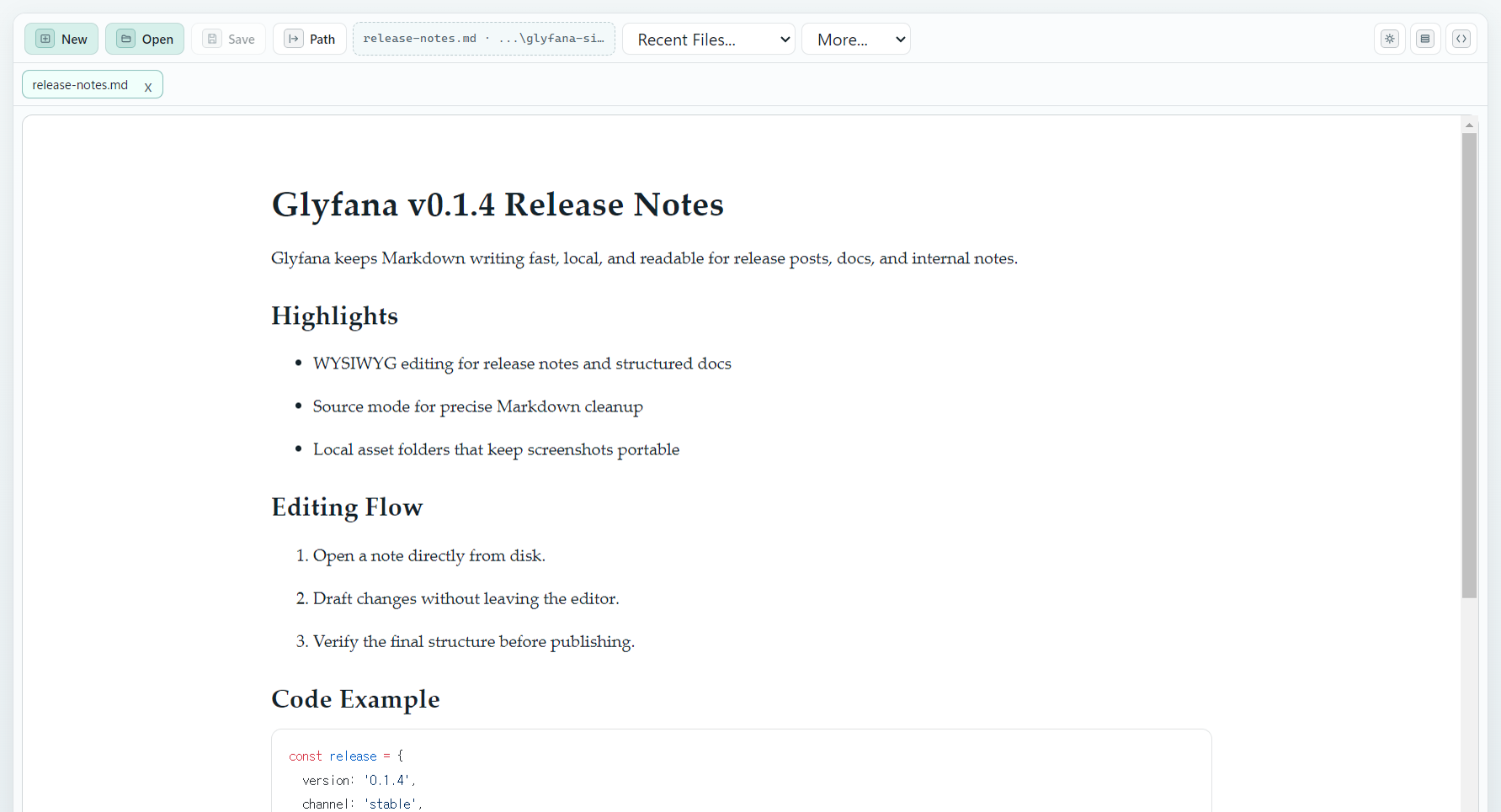 Glyfana editor showing a release notes document in the main writing workspace